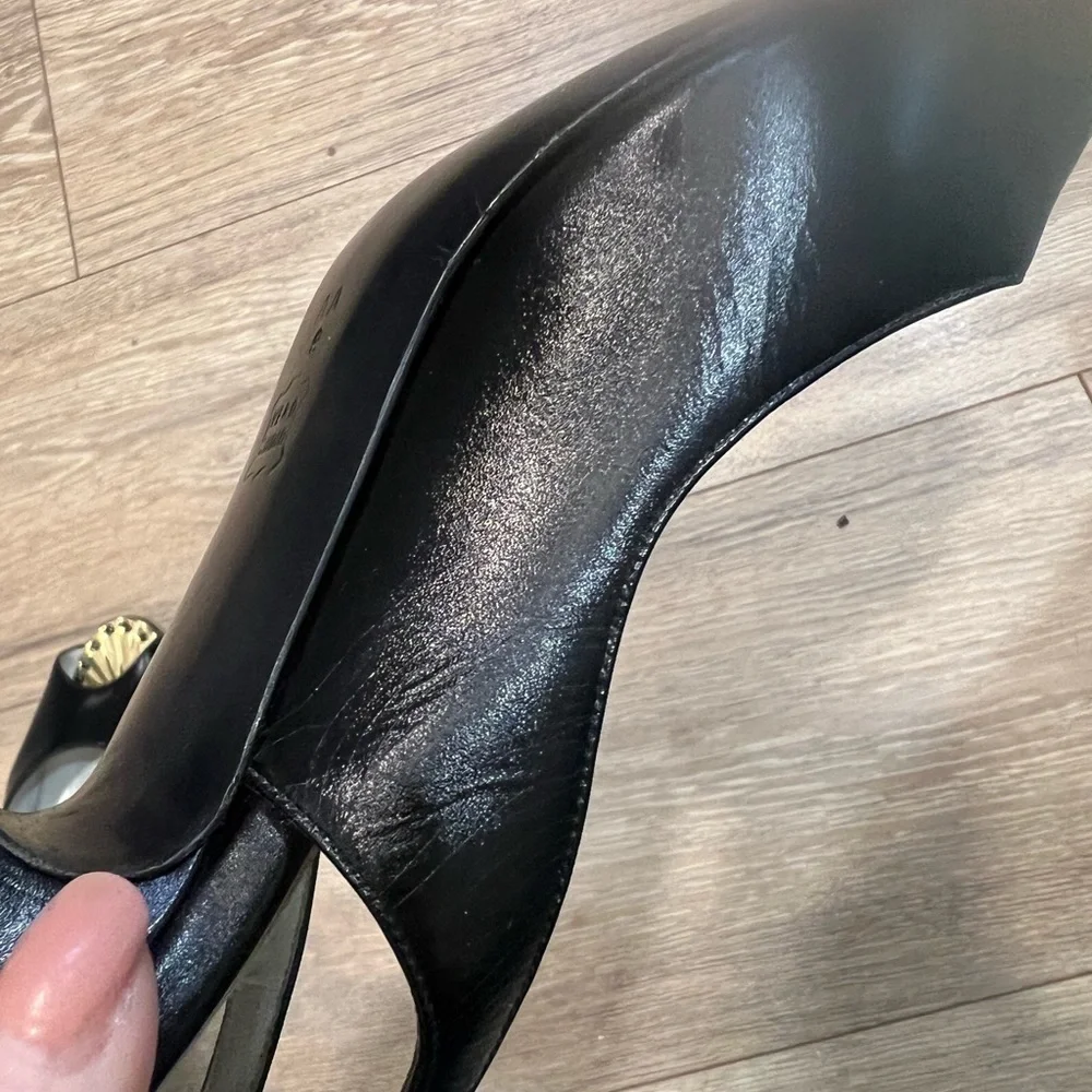 BRUNO MAGLI black leather peep toe sling shoes with gold accent on the toe - Picture 7 of 16